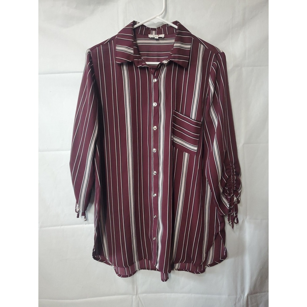 Poppi Women's M Top Blouse Striped 3/4 Sleeve Maroon & White Button Down